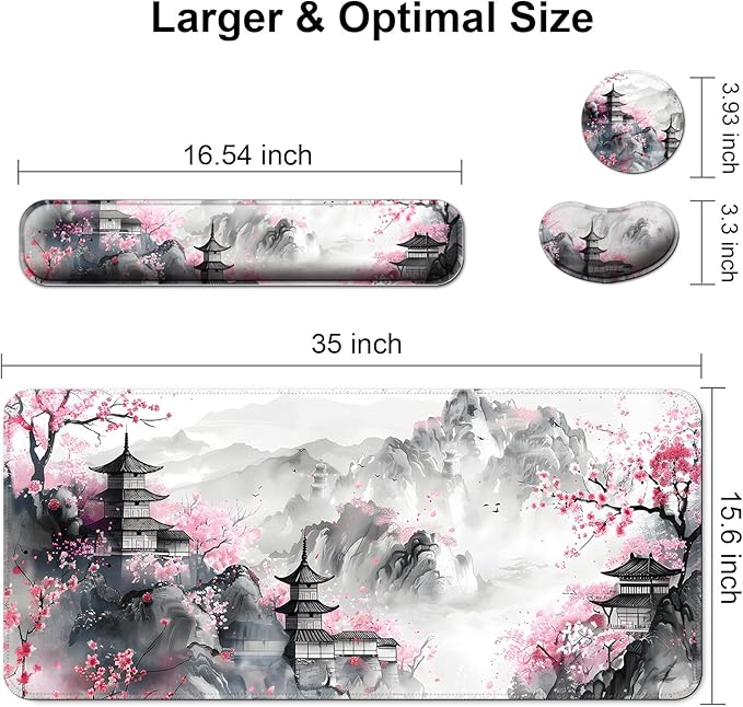 Keyboard Wrist Rest + Mouse Pad with Wrist Support + Desk Mat + Coaster 4 in 1 Set,Desk Matt for Desktop,Cute Large Gaming Ergonomic Mousepad for Computer Laptop Office Home Decor-Japanese Anime