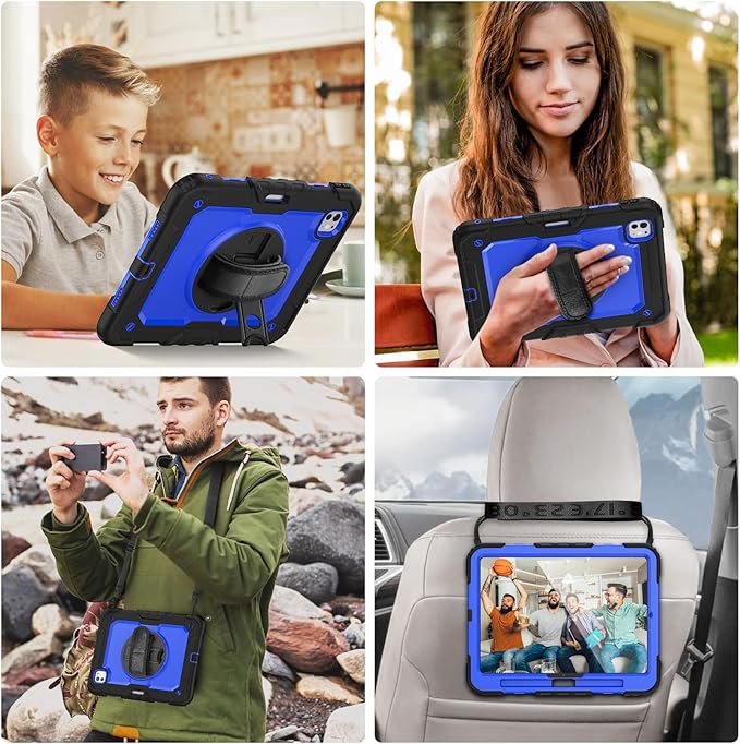 Case for iPad Pro 11 Inch 5th Generation 2024 with Screen Protector | Full-Body Silicone Protective Case W/360 Rotating Stand Hand Strap Shoulder Strap for iPad Model A2836/A2837/A3006 | Blue