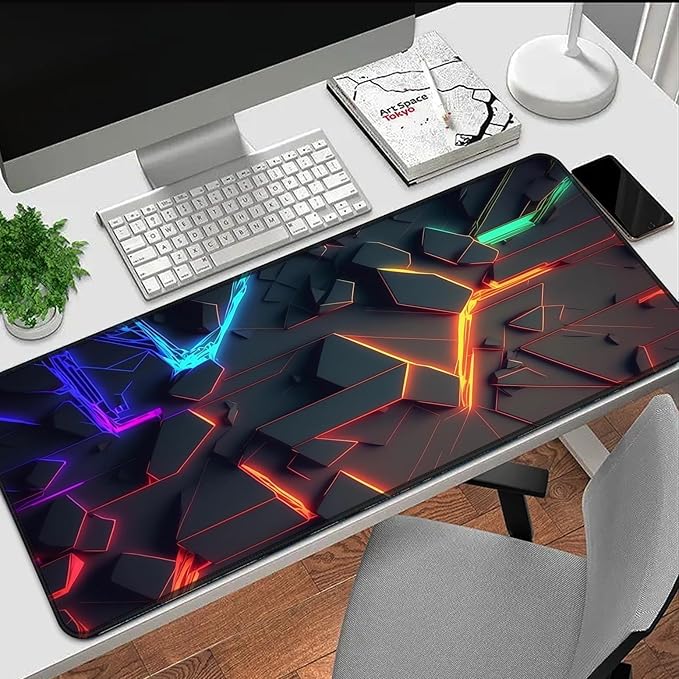 3D Neon Geometric Gaming Mouse Pad – Blacklight Large Extended Glow in the Dark Waterproof E-Sports Desk Mat with Non-Slip Base for Gamers & Office - 31.5" x 11.8"