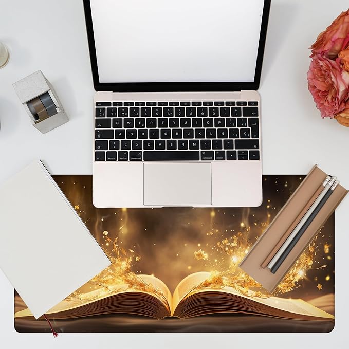 Desk Pad, Golden Magic Book Desk Mat, Fantasy Books Large Gaming Mouse Pad, 31.5"x15.7" Extended Big Computer Keyboard Mouse Pad with Non-Slip Base and Stitched Edge