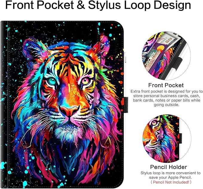 Lokigo for iPad Air 13 Inch Case M4/M3/M2 (2026/2025/2024), iPad Pro 12.9 Inch Case 6th/5th/4th/3rd Gen with Pencil Holder/Hand Strap/Pocket, Support Touch ID, Multi Angles View Stand, Tiger