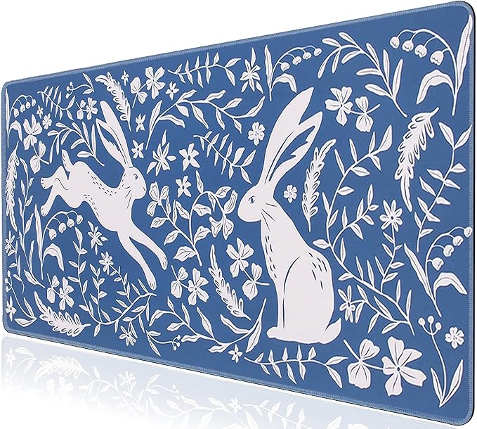 L-SPOUTTO Blue Floral Desk Mat for Keyboard and Mouse,Boho XXL Gaming Mouse Pad,Large 35.4x15.7in Non-Slip Rubber Base Keyboard Pad Waterproof Desktop Mat for Laptop Computer Work Home Office-Rabbits