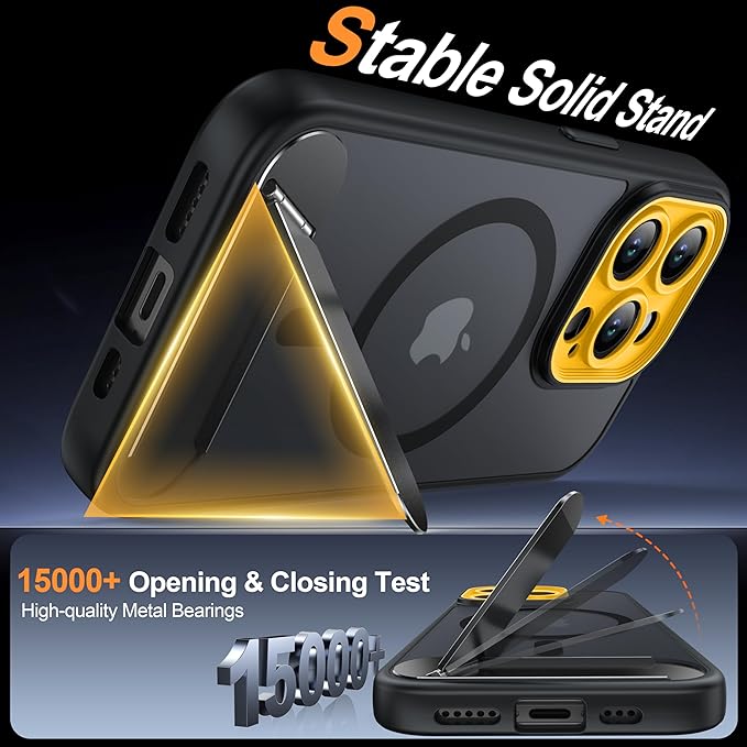 Magnetic Compatible with iPhone 15 Pro Case, [Built-in Kickstand][Full Camera Protection][Compatible with MagSafe][Anti-Fingerprint] Shockproof Phone Case for iPhone 15 Pro 6.1",Black & Yellow