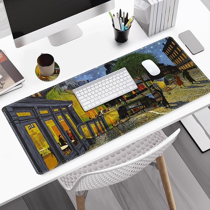 Large Gaming Mouse Pad Set, 4 in 1 Ergonomics Keyboard Desk Mat Memory Foam Wrist Rest, Computer PC Extended Game Mousepad, Non-Slip Desk Matt Easy Typing Pain Relief I Terrace of the Cafe