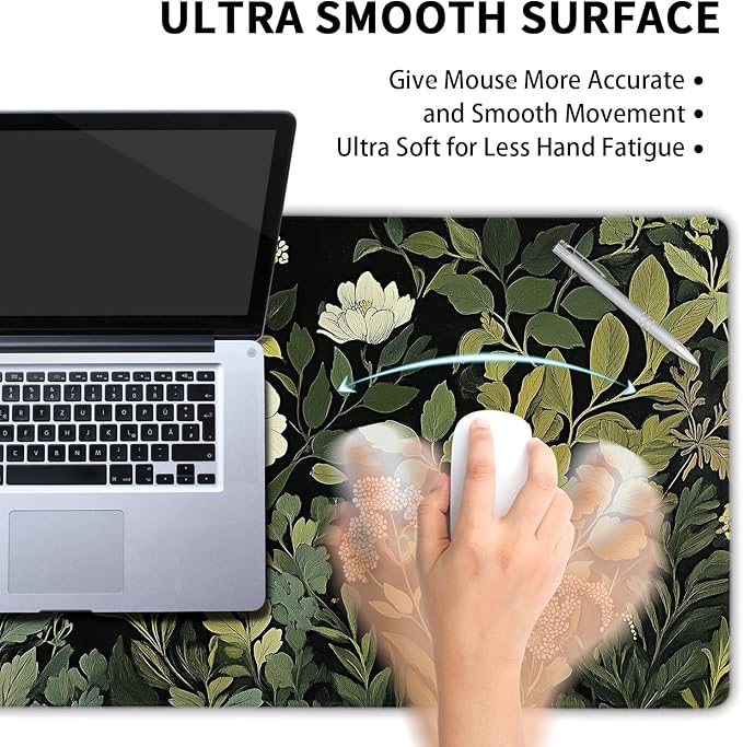 Green Leaves Mouse Pad XL Botanical Plants Beige Floral Extended Table Mat 80X30 cm Non-Slip Rubber Base Stitched Edge Large XL Mousepad for Desk Gaming Laptop Desk Top,31.5×11.8 Inch