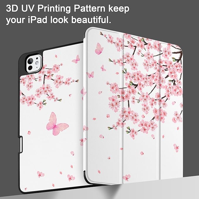 MEEgoodo Case for M5 iPad Pro 11 inch 2025/M4 iPad Pro 11 inch Case 2024, Tablet Cover with Trifold Stand & Pencil Holder & Auto Wake/Sleep & Soft TPU Back Cover, Cherry Blossoms