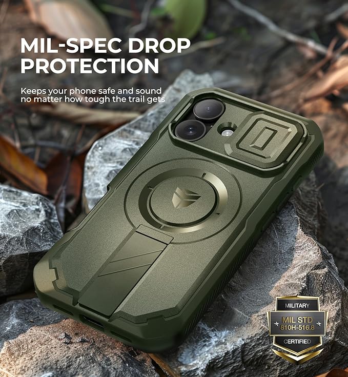 Dexnor for iPhone 16 Case with Slide Camera Cover & Adjustable Kickstand & Built-in Screen Protector,Compatible with MagSafe Shockproof Bumper Cases Heavy-Duty Magnetic Protective Cover,Army Green