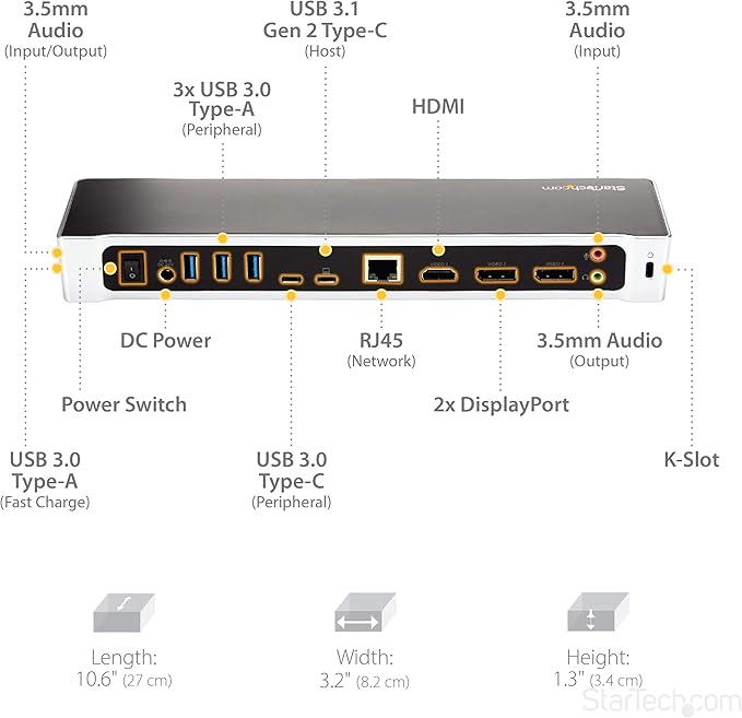 StarTech.com USB-C Triple Monitor Docking Station for MacBook Pro / Air M1 M2 M3 M4 & Windows, Universal 4K HDMI DP Dock, Thunderbolt Compatible, 100W Laptop Charging - TAA, Black, Silver