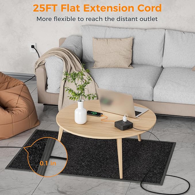 TESSAN Surge Protector Power Strip, 25 Ft Flat Plug Extension Cord with 3 USB (1 USB C) 8 Outlets, 1250W, 900J Protection, 3 Sided Outlet Extender with Power Switch for Office, Dorm Room, Black