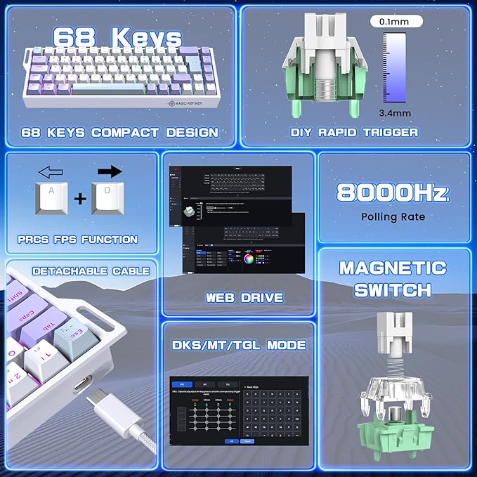 MAGIC-REFINER X68 HE Wired 60% Hall Effect Rapid Trigger Mechanical RGB Gaming Keyboard with 8K Polling,0.04mm RT Accuracy,Magnetic Switch,Adjustable Actuation,Snap Tap for PC Mac Esport Gamer (White)