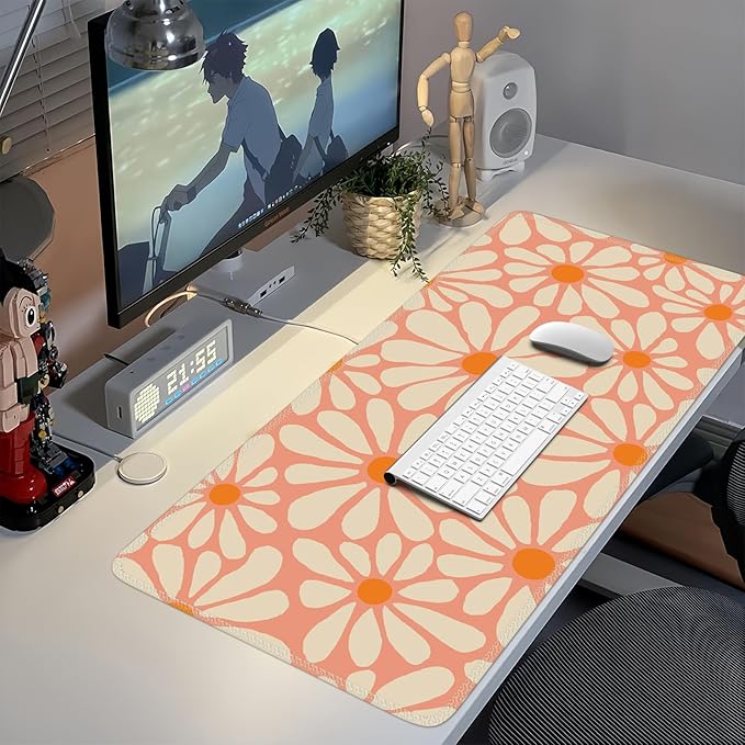 iCasso Desk Mat, Desk Matt for Desktop, Cute Desk Pad Mat, XXL Large Mouse Pad for Desk, Anti-Slip Big Mousepad with Stitched Edges, Keyboard Pad Mouse Mat for Computer, Work, Gaming (Orange Floral)