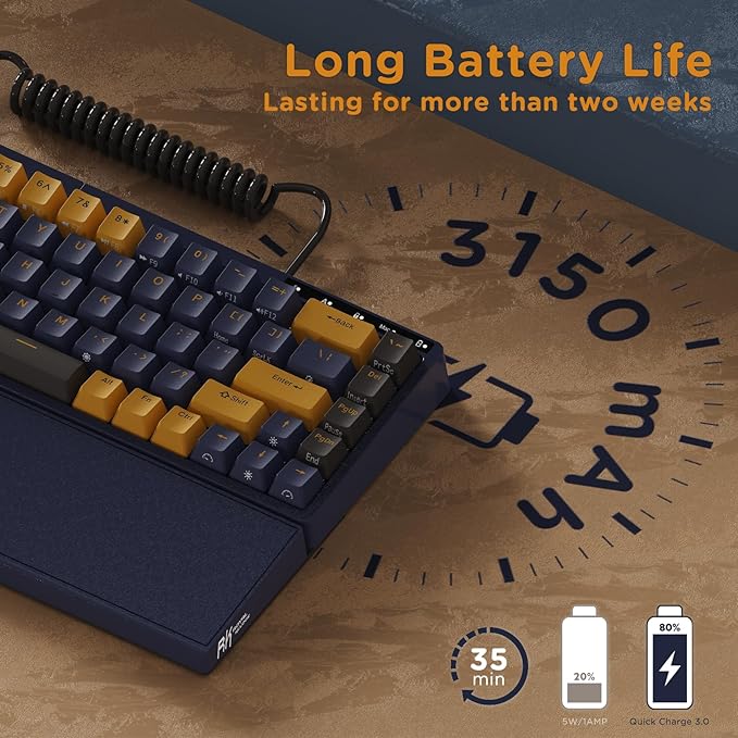 RK ROYAL KLUDGE RKS70 Ergonomic Split Keyboard, Wireless PC Gaming Keyboard with Bluetooth/2.4G/Wired, Hot Swappable Mechanical Keyboards w/Fixed Wrist Rest, PBT Keycaps, Tactile Switches, Black
