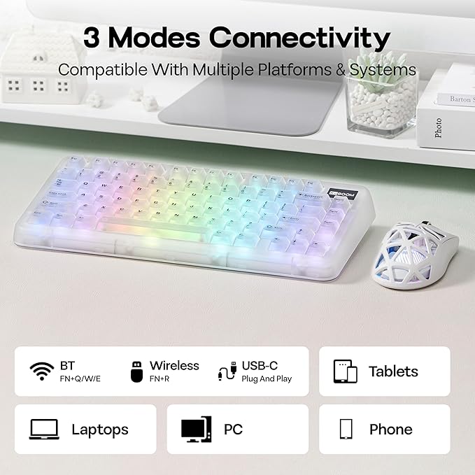 KiiBoom Phantom81 Lite 75% Gasket Mechanical Keyboard, QMK&VIA Programmable, 3 Modes Wireless Gaming Keyboard, RGB Backlights, ABS Case, Hot-Swappable for Windows/Mac/Linux (Clear)