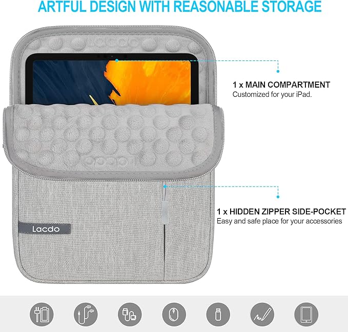 Lacdo Tablet Sleeve Case for 11 inch iPad A16 | 11 Inch ipad Air M4 M3 M2 | 11" iPad Pro M5 M4 | 10.9" ipad/ipad Air | 10.2" IPad | 11" Samsung Galaxy Tab A9+, iPad Air Pro Case Protective Bag, Gray