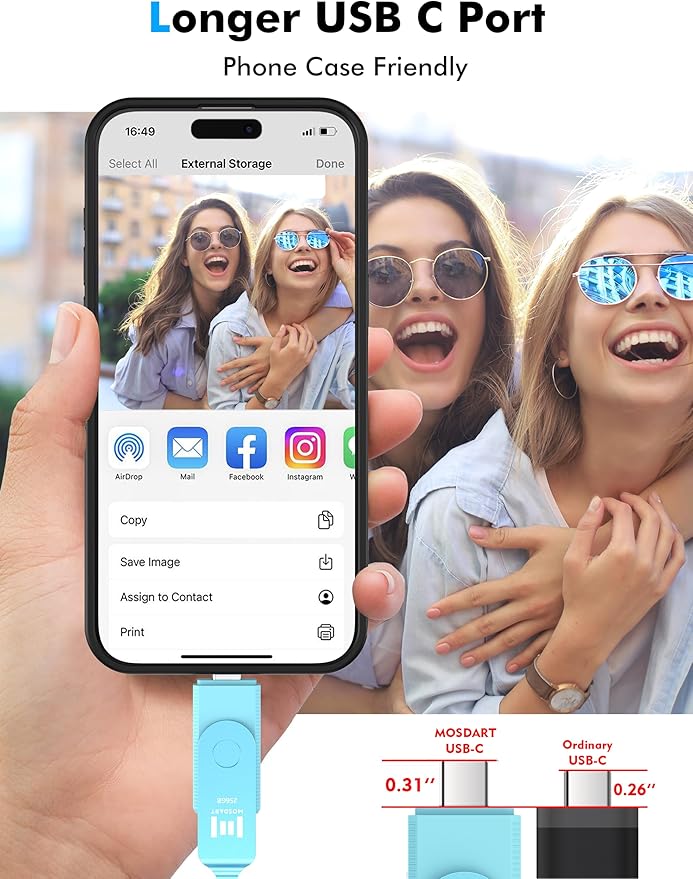 MOSDART 256GB USB C 3.2 Fast Speed C and A Dual Flash Drive, exFAT Memory Stick with Keychain and LED Indicator, for iPhone 15,16,17, Android Phone, iPad, MacBook, and Other Laptops, Sky Blue