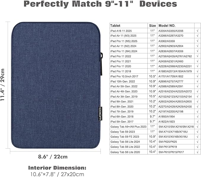 MoKo 9-11 Inch Tablet Sleeve Bag Carrying Case Fits New 11inch iPad Air M3, iPad A16 2025, iPad Pro 11 M4, Air 5/4/3, iPad 10/9/8th Gen, Tab S8/S9 11", Navy Blue