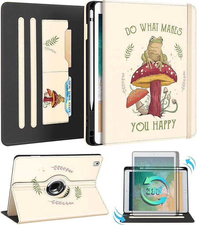 Kidcube for iPad 5th Generation Case 2017/Air 1st 2013/Pro 9.7 Inch Case 2016 - Women Girls Kids Cute Rotating Stand Folio Cover with Pencil Holder & Card Slot Cool Frog Mushroom Unique Design Cover