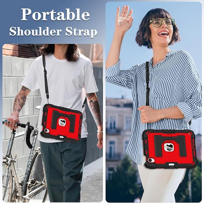 Kids Friendly Case for Apple iPad mini 7 A17 Pro 2024/iPad Mini 6 2021 8.3 Inch 7th/6th Gen Case with Pencil Holder & Shoulder Strap, Shockproof Kickstand Hard Shell Protective Cover,Black+Red