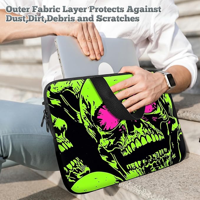Laptop Sleeve Case Bag 15 inch, Neon Green Skull Slim Carrying Case Handbag Travel Laptop Bag for 15 inch MacBook Air M3/M2/15 Pro/Surface Laptop 7/6/5/4/3/ Dell XPS 15 Plus