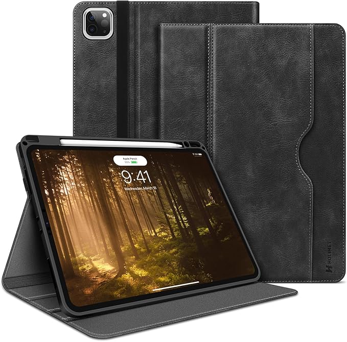 H HOLIMET Case for iPad Pro 11 inch M5 2025/M4 2024 with Pencil Holder Supports Pencil Pro and Pencil Auto Sleep/Wake Function Vegan Leather Smart Stand Cover (Black)