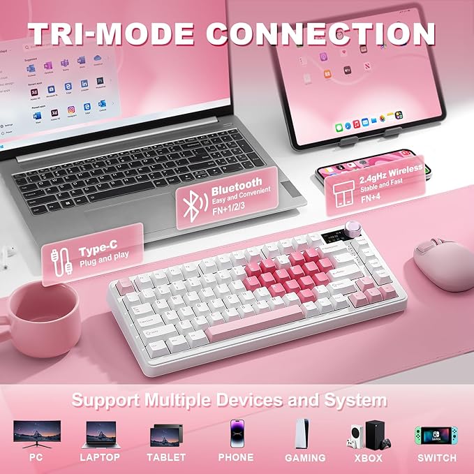 YUNZII B75 PRO MAX QMK/VIA Wireless Mechanical Keyboard,75% Layout with Screen and Knob,Custom Hot Swap Gasket,Creamy Pre-lubed Switches,Bluetooth/Type-C/2.4G for Win/Mac (White Heart,Candy Switch)