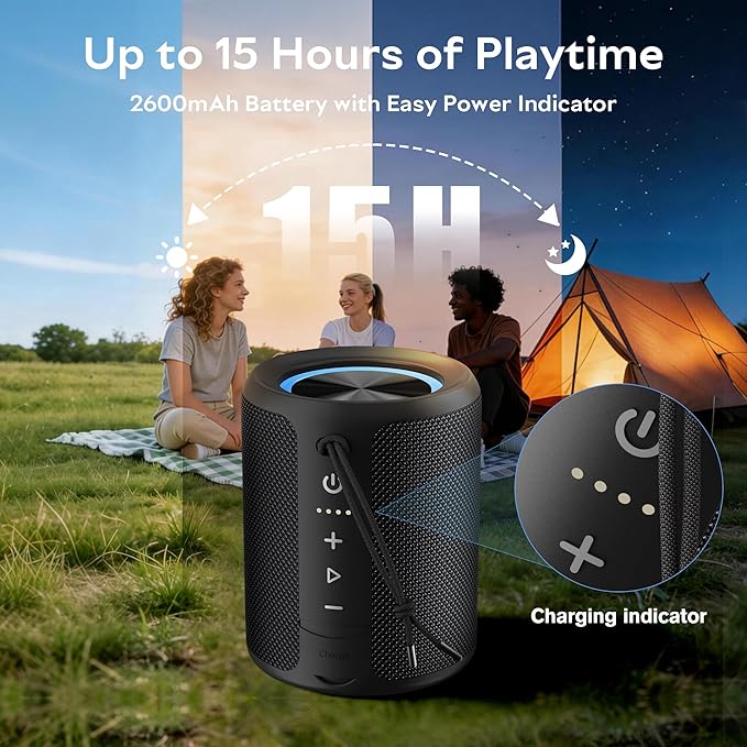 Portable Bluetooth Speaker, IPX7 Waterproof Wireless Speaker with 20W Loud Stereo Sound, 15H Playtime & Beat-Synced RGB Light, Small Outdoor Speaker for Shower, Pool, Beach, Hiking and Gifts
