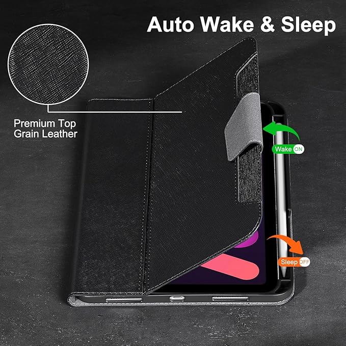 Gexmil Premium Leather Case for iPad mini 7 (A17 Pro) 2024 / iPad mini 6 Generation 2021 8.3 Inch,Pencil Holder, Magnetic Closure,Shockproof Cowhide Cover,Adjustable Stand,Palm-Print Black