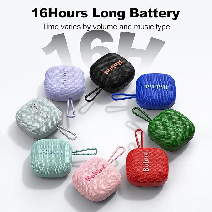 Bobtot Portable Bluetooth Speakers, Wireless IPX7 Waterproof Mini Speaker with 16H Playtime, Loud Stereo Sound, TWS, Built-in Microphone, Small Size with Lanyard, Black