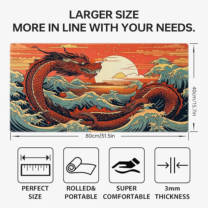 Wave Sea Dragon Gaming Mouse Pad,Anime Mouse Pad Gaming 31.5 x 15.7 in Mouse Mat Desk Pad,Extended Keyboard Pad Large Desk Mat Mousepad with Non-Slip Base and Stitched Edge for Office Home