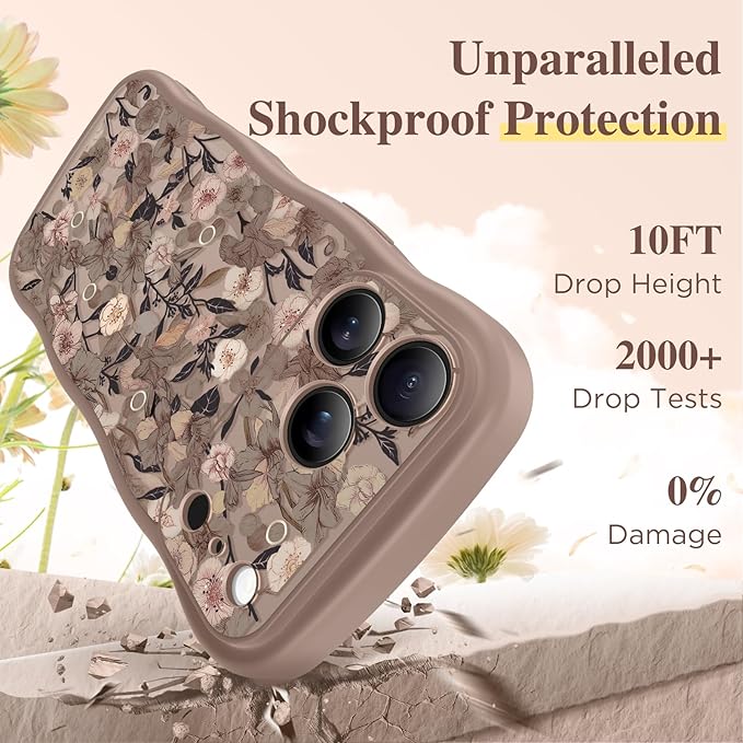 GVIEWIN for iPhone 17 Pro Case Compatible with MagSafe [Curly Wave Edge][Full Camera Protection] Floral Translucent Shockproof Magnetic Women Phone Case for iPhone 17 Pro 6.3'', Apricot Blossom/Brown