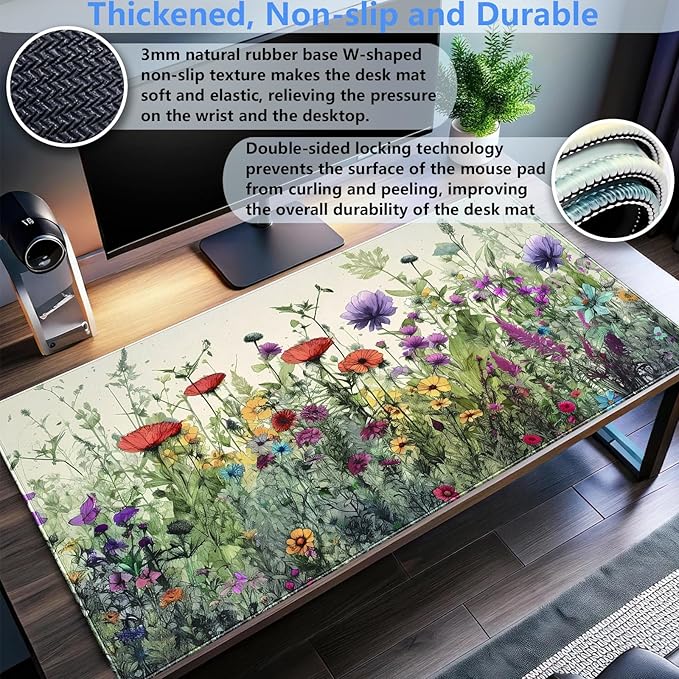 Floral Desk Pad Mat Watercolor Flowers Desk Mat XL Large Gaming Mousepad Extended Aesthetics Laptop Computer Keyboard and Mouse Pad Office Desk Decor for Women 31.5 x 15.7 in