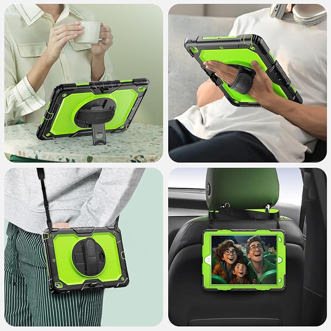 SEYMAC for iPad 9th/8th/7th Generation Case 10.2" 2021-2019, Full-Body Shockproof Heavy Duty Protective Case with Screen Protector, Rotating Stand/Handle/Shoulder Strap for iPad 10.2, Black/Green