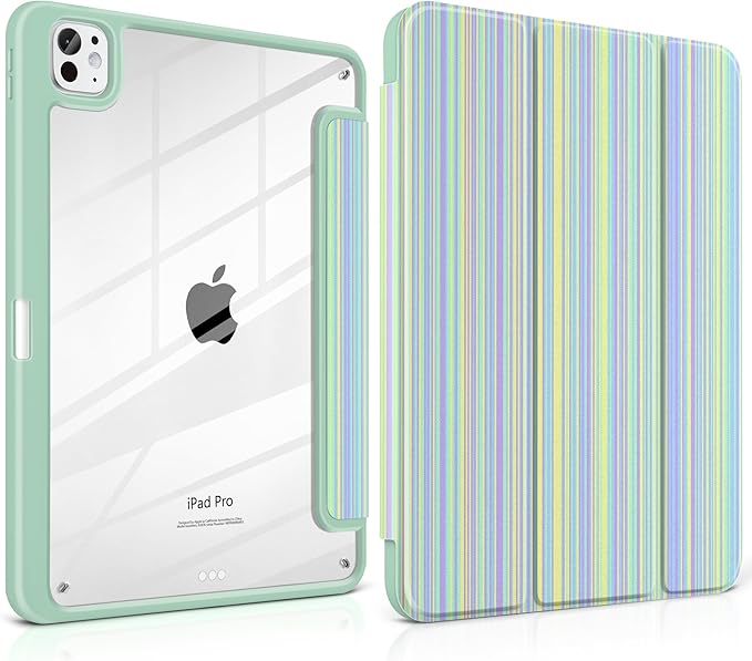 Case for iPad Pro 11 inch (M5) 2025 (M4) 2024 Release with Pencil Holder - Aesthetic Cute Design Trifold Cover with Soft TPU Bumper Clear Back Auto Sleep/Wake for Girls Women, Lines Green
