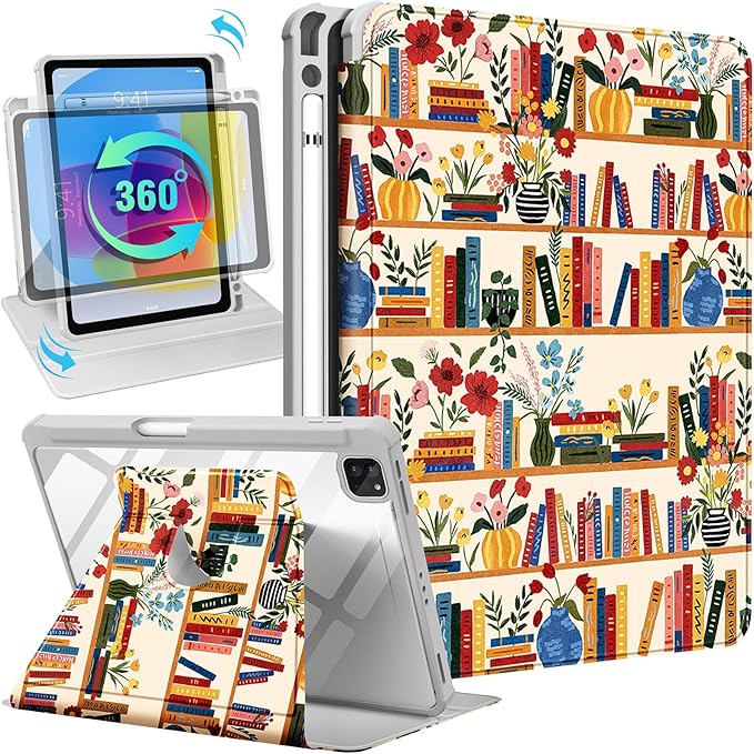 Uppuppy for iPad Air 11 inch Case(Air M4 2026, 8th Gen/M3 2025/M2)/Air 5th/4th Gen 10.9", for iPad Pro 11 inch Case(4th/3rd/2nd/1st Gen) - 360 Rotating Smart Folio Cover with Pencil Holder, Bookshelf