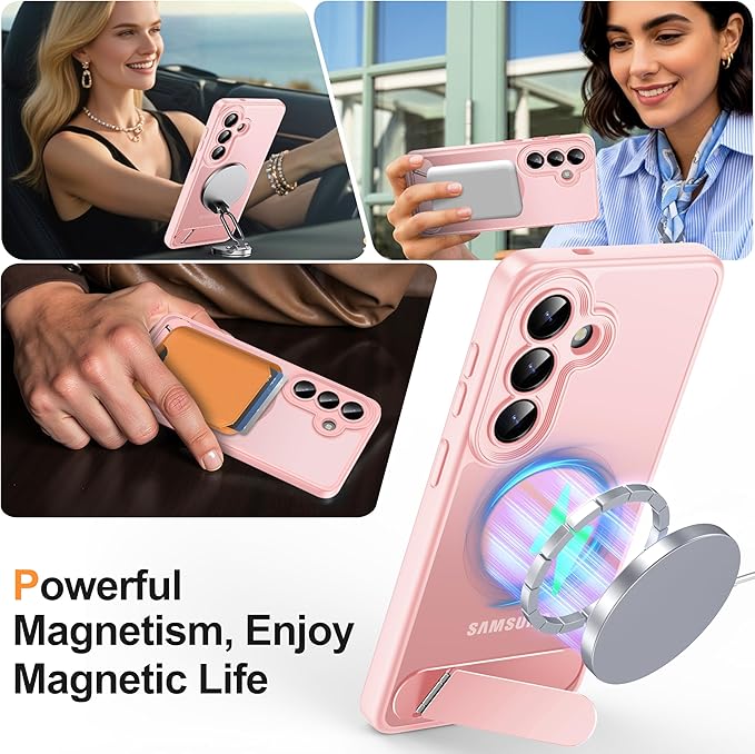 Magnetic for Samsung Galaxy S26 Case, [Compatible with MagSafe][Full Camera Protection][Built-in Invisible Kickstand] Translucent Matte Phone Case for S26 6.3" - Pink