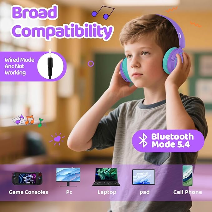 MIDOLA Active Noise Cancelling Kids Bluetooth Headphones,68H Play Time,Lightweight Wireless Foldable Over-Ear Headphone for Kid Toddler,Volume Limited 85/94dB,Headsets with Built-in Mic Purple