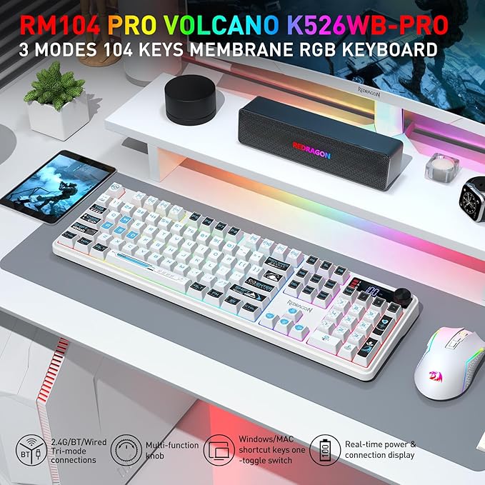 Redragon K526 PRO RGB Wireless Membrane Gaming Keyboard, 104 Keys Mechanical-Feel Keyboard w/LED Info Display, Media/Backlit Knob Control, Smooth Linear Switch & Software Supported