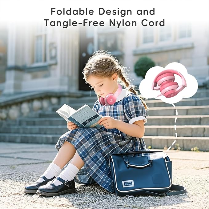 Candy Bila Kids Wired Headphones for Kids with Microphone, 85/94dB Volume Limiter Headphones for Girls Boys, Light Pink