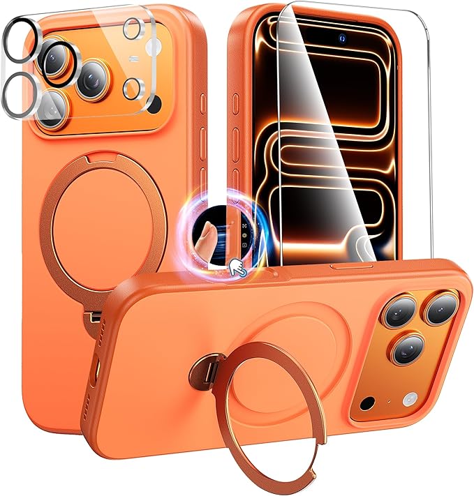 360°Ring Stand for iPhone 17 Pro Max Case, Compatible with MagSafe, Military-Grade Protective,Anti-Yellowing, Scratch-Resistant Back Cover Phone Case for iPhone 17 Pro Max 6.9", Orange