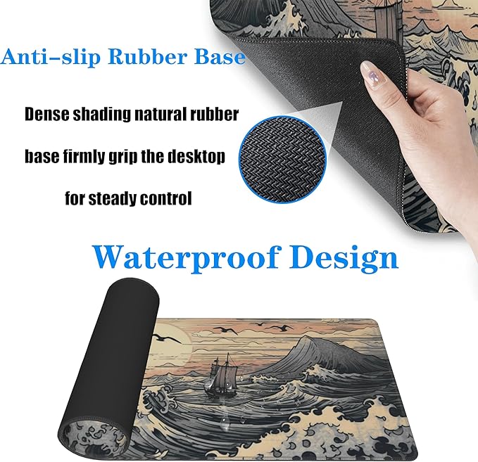 Japanese Sea Waves Large Gaming Mouse Pad,XL Mouse Pad Gaming Mouse Mat Desk Pad,31.5 x 11.8in Desk Mat Anime Mouse Pads for Desk,Extended Keyboard Pad Mousepad with Non-Slip Base and Stitched Edge