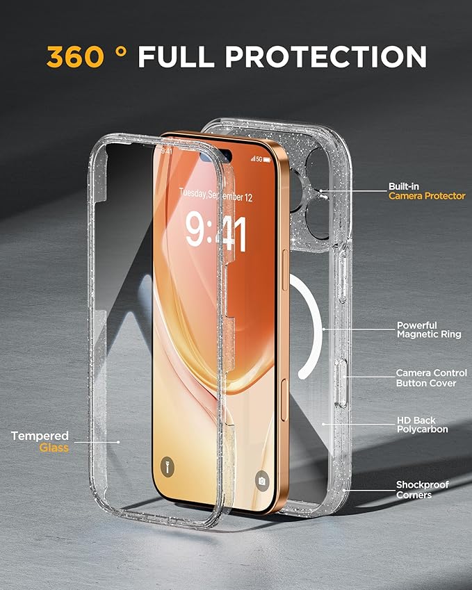 Miracase for iPhone 17 Pro Max Case 6.9" Full-Body Phone Case with Built-in Glass Screen Protector& Full Camera Protector,[Magnetic with MagSafe] Drop Proof 17 ProMax Cover, Clear Glitter
