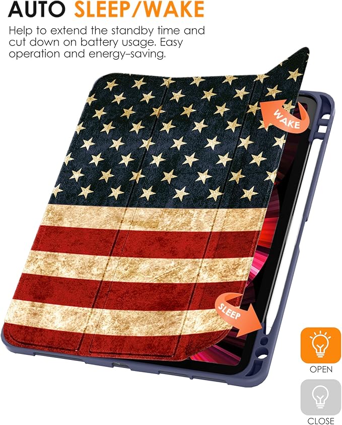 DTTO for iPad Pro 11 inch 4th/3rd/2nd/1st Generation 2022/2021/2020/2018 Case, Smart Slim Trifold Stand Soft TPU Back Cover with Built-in Pencil Holder, Also Fit iPad Air 5/4,US Flag