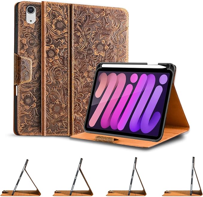 Gexmil Genuine Leather Case for iPad mini 7 (A17 Pro) 2024 / iPad mini 6 Generation 2021 8.3 Inch,Magnetic Closure,Pencil Holder,Shockproof Cowhide Cover,Pencil 2 Wireless Charging,Flower Brown
