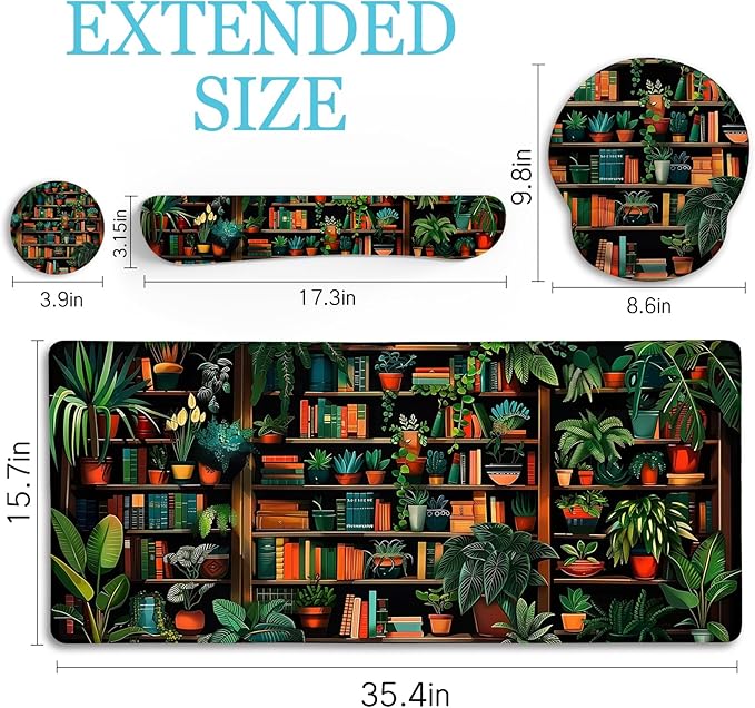LIMKRIAN Book Mouse Pad Set Large Desk Matt for Desktop, Ergonomic Mouse Pad with Wrist Rest, Gaming Mouse Pad Wrist Support Keyboard Mat Cup Coaster Set Cute Office Desk Decor Accessories