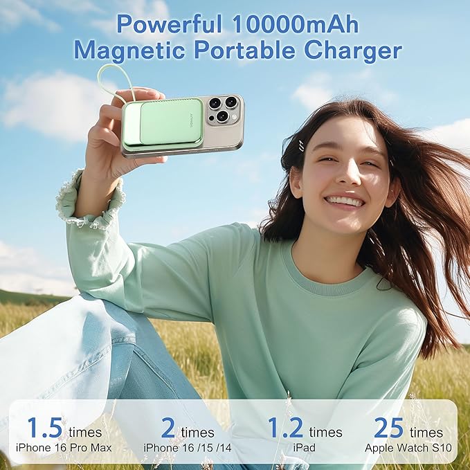 Magnetic Power Bank 10000mAh, Wireless Portable Charger with 15W Max Fast Charging & Built-in USB-C Cable, 22.5W PD LED Display Battery Pack Compatible with iPhone 17/16/15, Samsung Galaxy(green)