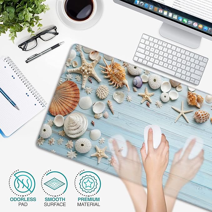 Shells on Blue Wood Large Mouse Pad Extended Gaming Mouse Pad Waterproof Desk Mat with Stitched Edge,Non Slip Base Keyboard Mouse pad for Home Office 35.4" X 15.7"