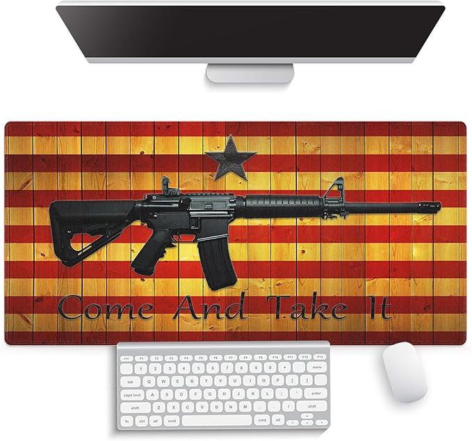 Large Gaming Mouse Pad (31.5" x 15.8") - Cool AR-15 Come and Take It Flag Rustic Wood Grain Red Yellow Stripes, Extra XXL Office Accessories, Premium Stitched Anti-Slip Office Desk Mat