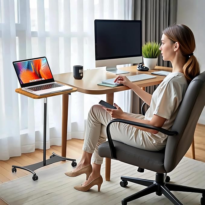 NAMON Rolling Laptop Stand, 2 in 1 Dual-use Floor & Desktop, Adjustable Height from 16.5" to 51", with 4 Lockable Casters, Laptop Floor Stand Perfect for Home, Office, Study (Rubberwood Finish)