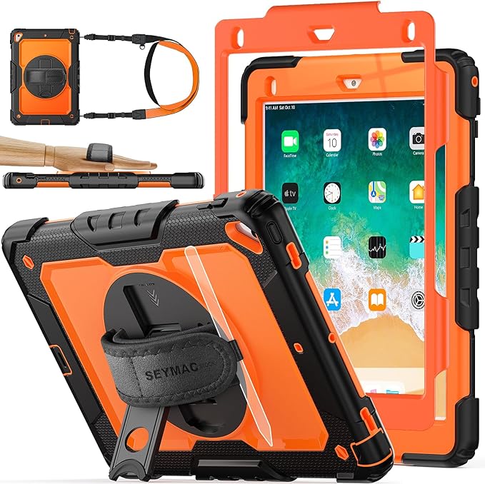 SEYMAC stock Case for iPad 6th / 5th Generation Case/Air 2 / Pro 9.7 inch, Heavy Duty Protective with Screen Protector, with Pencil Holder, Hand Strap, Shoulder Strap, 360 Rotate Stand, Orange+Black