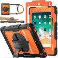 SEYMAC stock Case for iPad 6th / 5th Generation Case/Air 2 / Pro 9.7 inch, Heavy Duty Protective with Screen Protector, with Pencil Holder, Hand Strap, Shoulder Strap, 360 Rotate Stand, Orange+Black